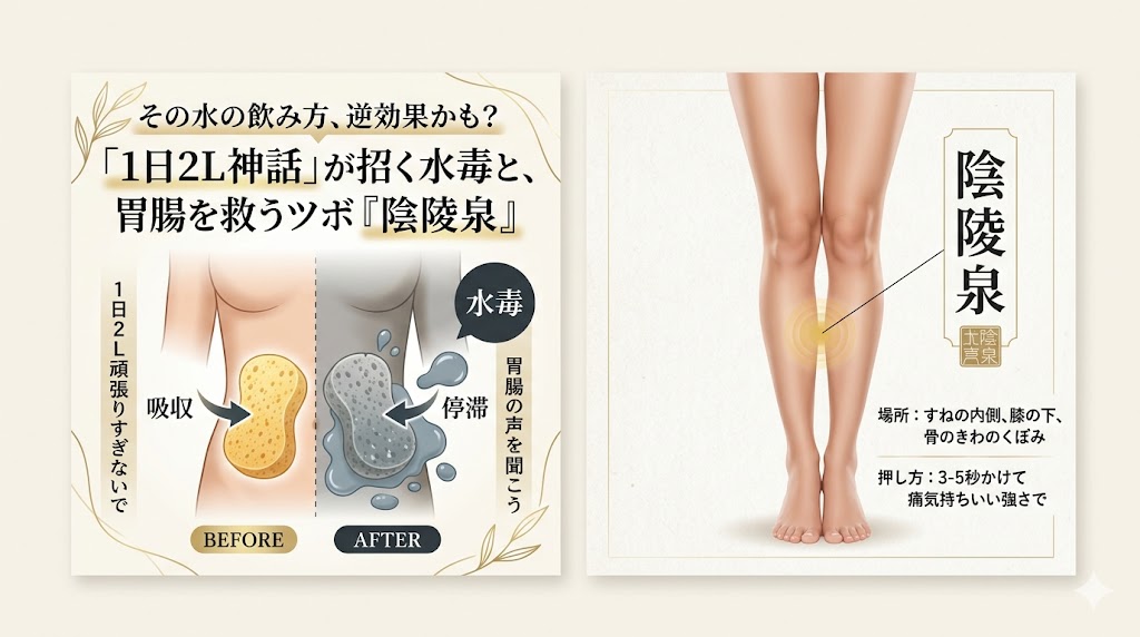 その水の飲み方、逆効果かも？「1日2L神話」が招く体の“水没”と、むくみを抜くツボ『陰陵泉』