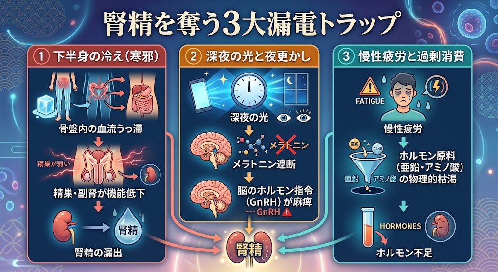 【腎精を奪う3大漏電トラップ】① 下半身の冷え(寒邪) ➔ 骨盤内の血流うっ滞で精巣・副腎が機能低下② 深夜の光と夜更かし ➔ メラトニン遮断で脳のホルモン指令(GnRH)が麻痺③ 慢性疲労と過剰消費 ➔ ホルモン原料(亜鉛・アミノ酸)の物理的枯渇