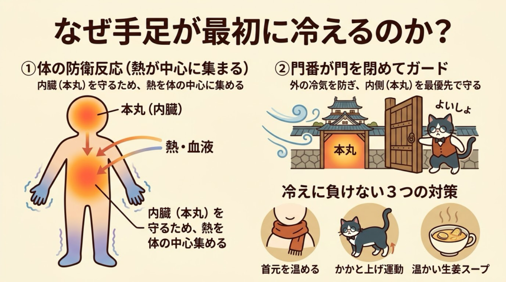 【秋の冷えの始まり】① 夏の暑さと秋の寒暖差で、門番(衛気)が疲れている↓② 冬に向けて、体は陽気を内側に蓄え始める(籠城の準備)↓③ 疲れた門番は、本丸(内臓)を守るだけで精一杯↓④ 手足の先まで、温かい気血が届かない↓⑤ 手足が冷えて、体はさらに縮こまり、気血の巡りが悪くなる